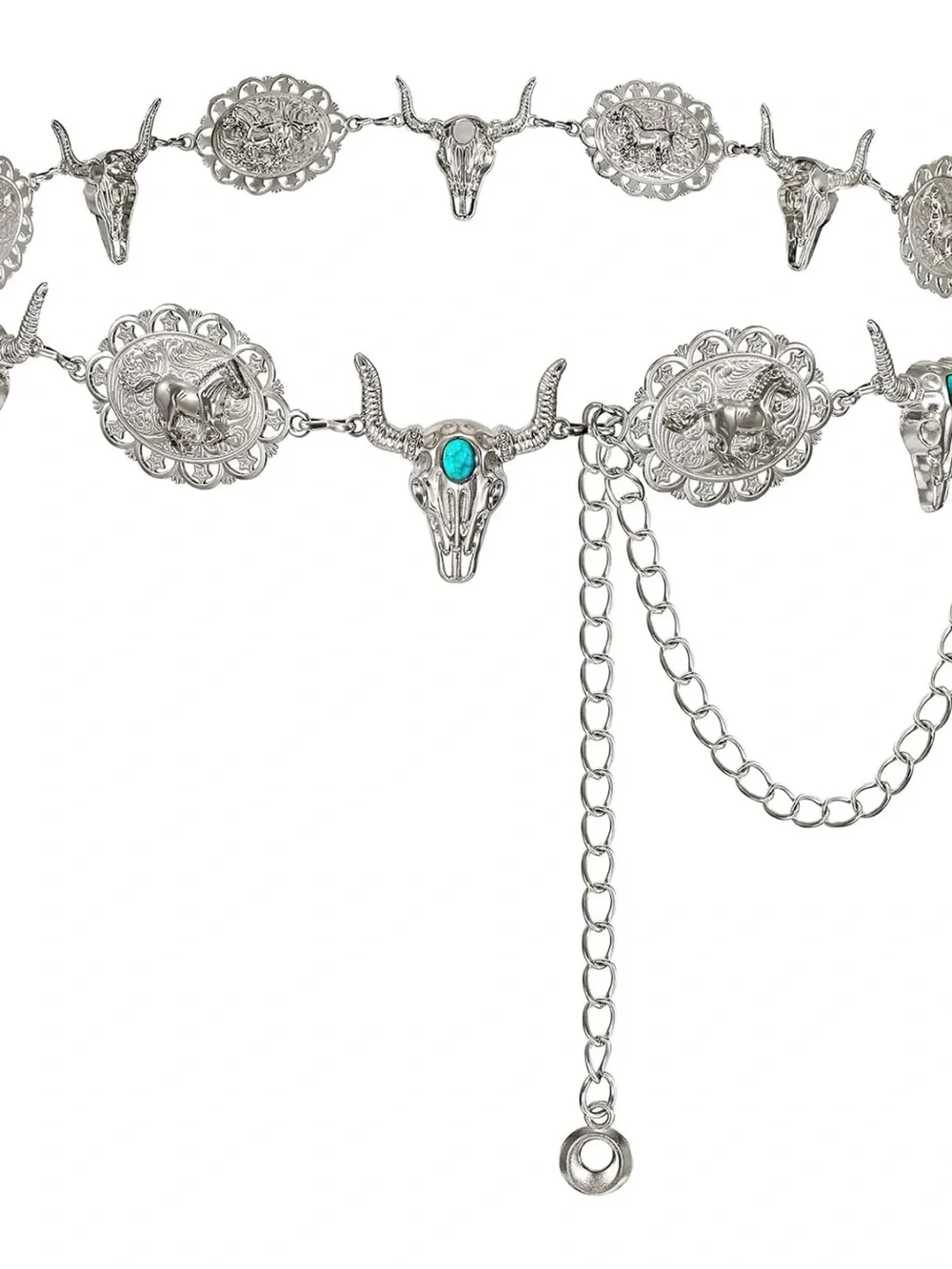 NWT Western Silver-Tone Concho Cow Skull Chain Belt with Turquoise Accents